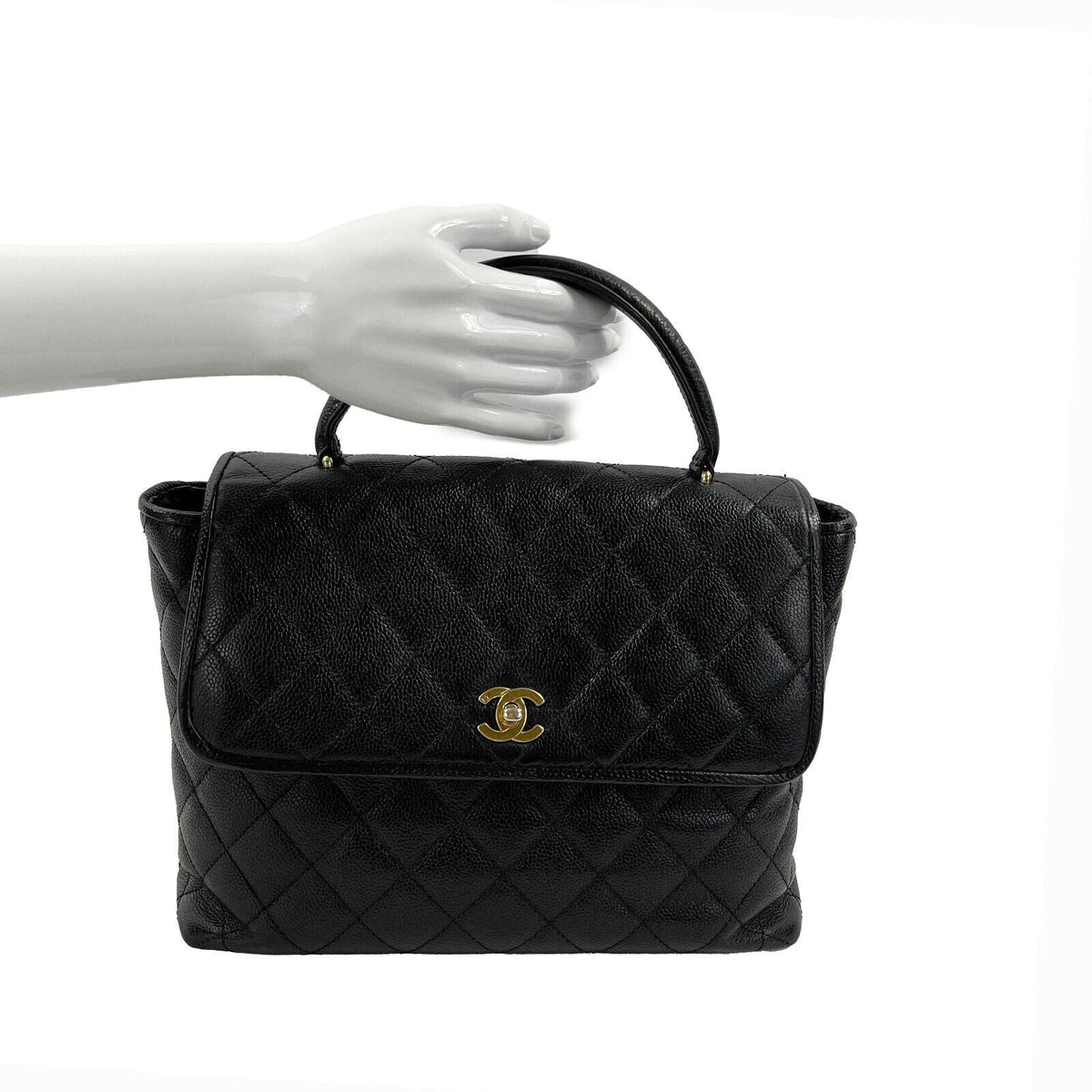 CHANEL Vintage Large Quilted CC Caviar Kelly Flap Bag - Top Handle