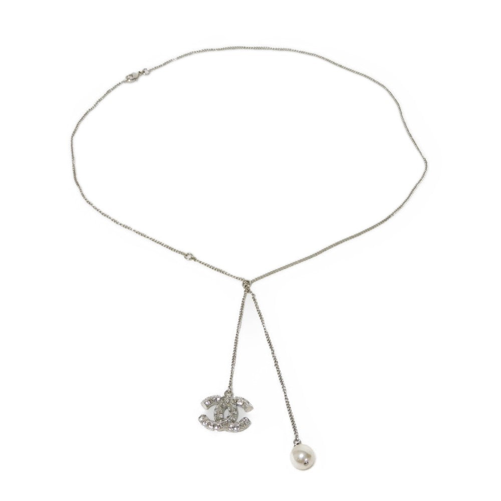 CHANEL Necklace Strass x Costume Pearl x Metal Clear xIvory CC mark Crystal COCO Mark Swing Pearl Women