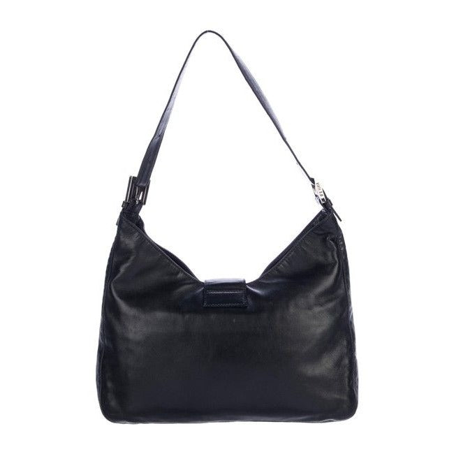 Fendi Black Leather Baguette in V Shaped Style w Enamel FF Clasp