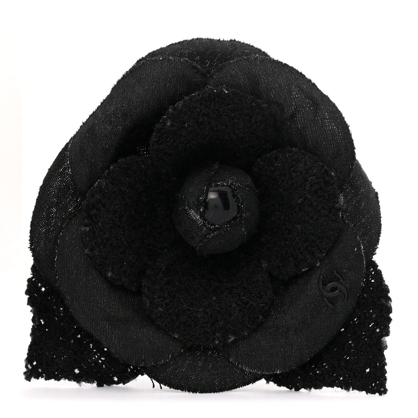 Tweed Fabric Camellia Pin Brooch Black