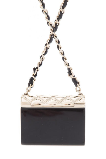 Chanel Black & Gold Resin Quilted Lambskin Minaudiere Flap Clutch on Chain