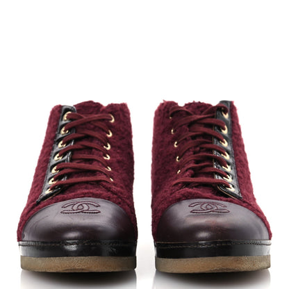Tweed Calfskin Patent CC Lace Up Short Boots 39 Burgundy