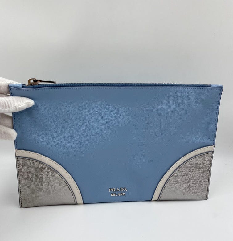 Prada Saffiano Leather Blue Clutch Bag