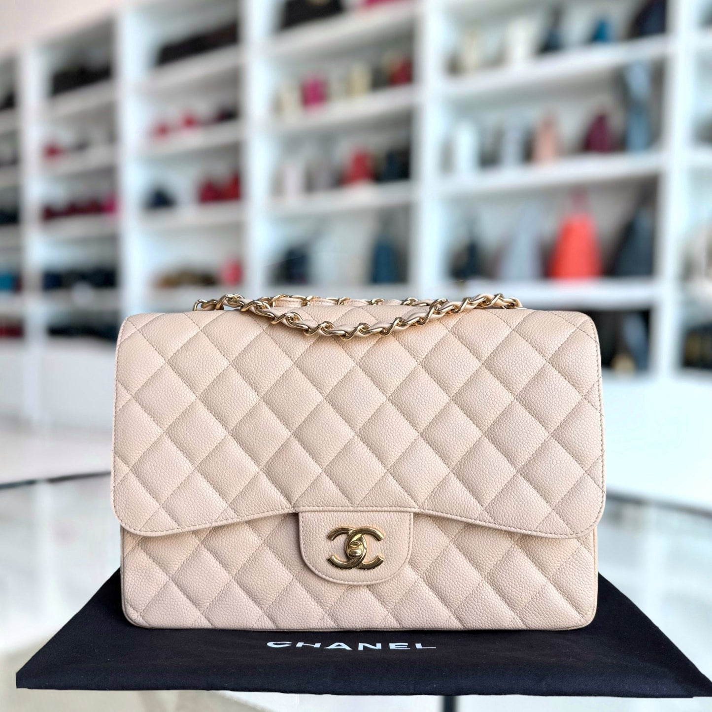 Chanel Classic Flap Jumbo - Caviar 30CM Single Flap Quilted Beige Gold Hardware Series 14