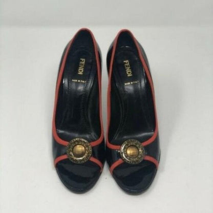 Fendi Black Red Gold Coin Accent Open Toe Heels