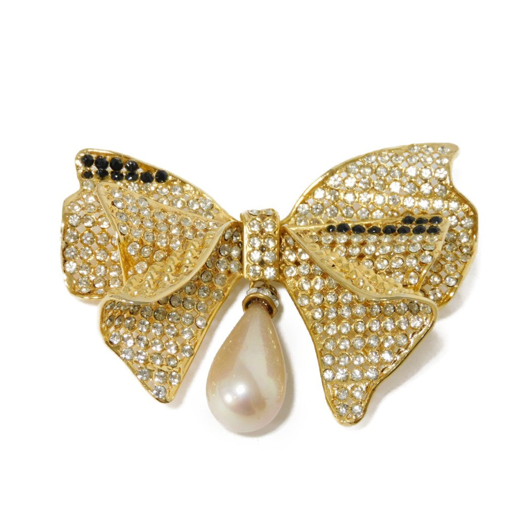 CELINE Brooch Rhinestone x Costume Pearl x Plating Black x Clear x Ivory Crystal Ribbon Swing Pearl Women Used