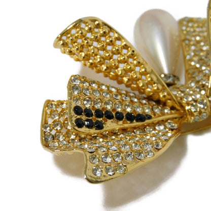 CELINE Brooch Rhinestone x Costume Pearl x Plating Black x Clear x Ivory Crystal Ribbon Swing Pearl Women Used