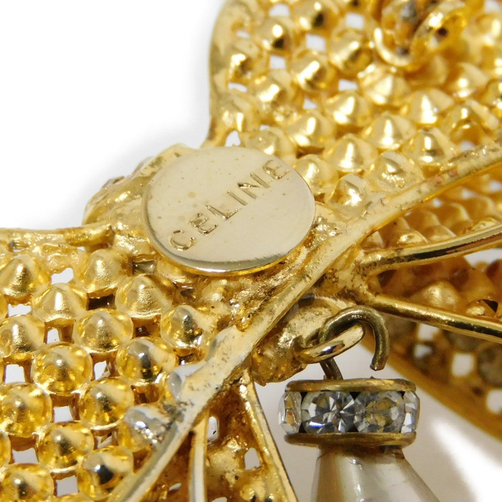 CELINE Brooch Rhinestone x Costume Pearl x Plating Black x Clear x Ivory Crystal Ribbon Swing Pearl Women Used