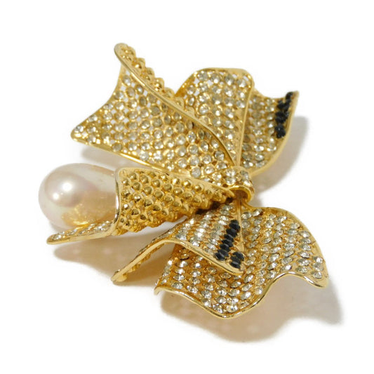 CELINE Brooch Rhinestone x Costume Pearl x Plating Black x Clear x Ivory Crystal Ribbon Swing Pearl Women Used