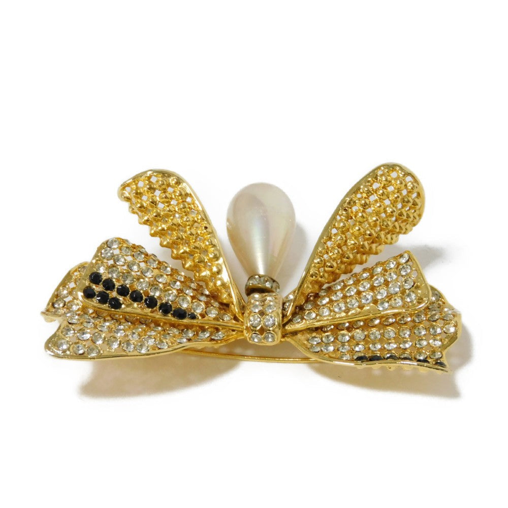 CELINE Brooch Rhinestone x Costume Pearl x Plating Black x Clear x Ivory Crystal Ribbon Swing Pearl Women Used