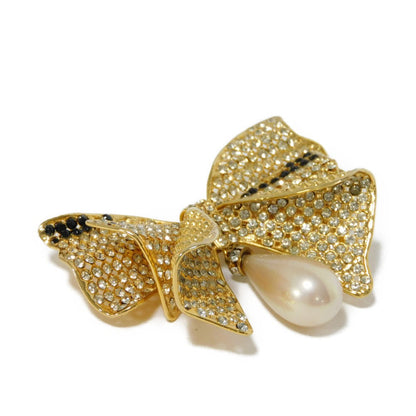 CELINE Brooch Rhinestone x Costume Pearl x Plating Black x Clear x Ivory Crystal Ribbon Swing Pearl Women Used