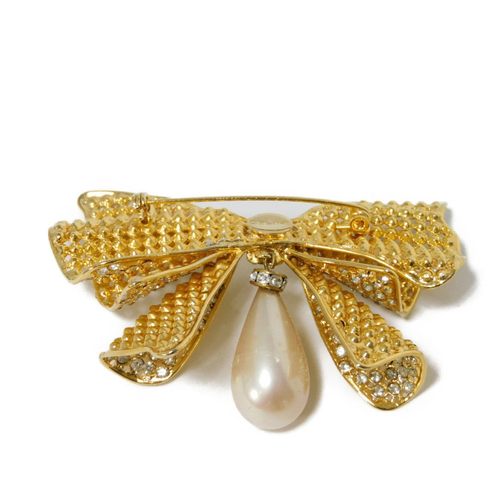CELINE Brooch Rhinestone x Costume Pearl x Plating Black x Clear x Ivory Crystal Ribbon Swing Pearl Women Used