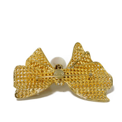 CELINE Brooch Rhinestone x Costume Pearl x Plating Black x Clear x Ivory Crystal Ribbon Swing Pearl Women Used