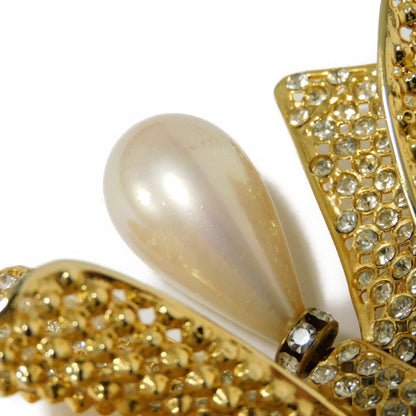 CELINE Brooch Rhinestone x Costume Pearl x Plating Black x Clear x Ivory Crystal Ribbon Swing Pearl Women Used