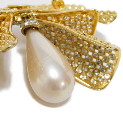 CELINE Brooch Rhinestone x Costume Pearl x Plating Black x Clear x Ivory Crystal Ribbon Swing Pearl Women Used