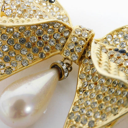 CELINE Brooch Rhinestone x Costume Pearl x Plating Black x Clear x Ivory Crystal Ribbon Swing Pearl Women Used