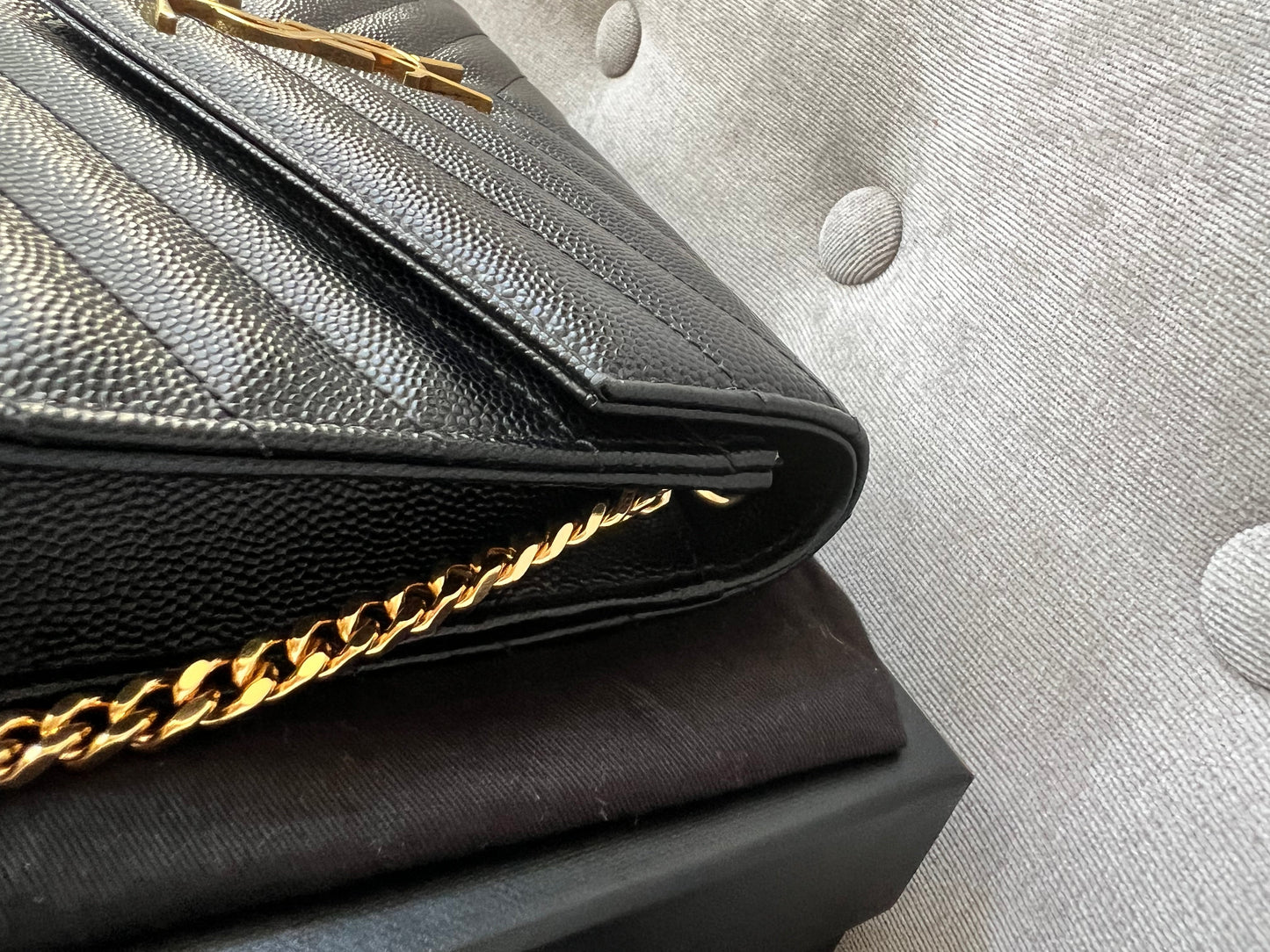 Yves Saint Laurent (YSL) Black Cassandra Envelope Chain Wallet