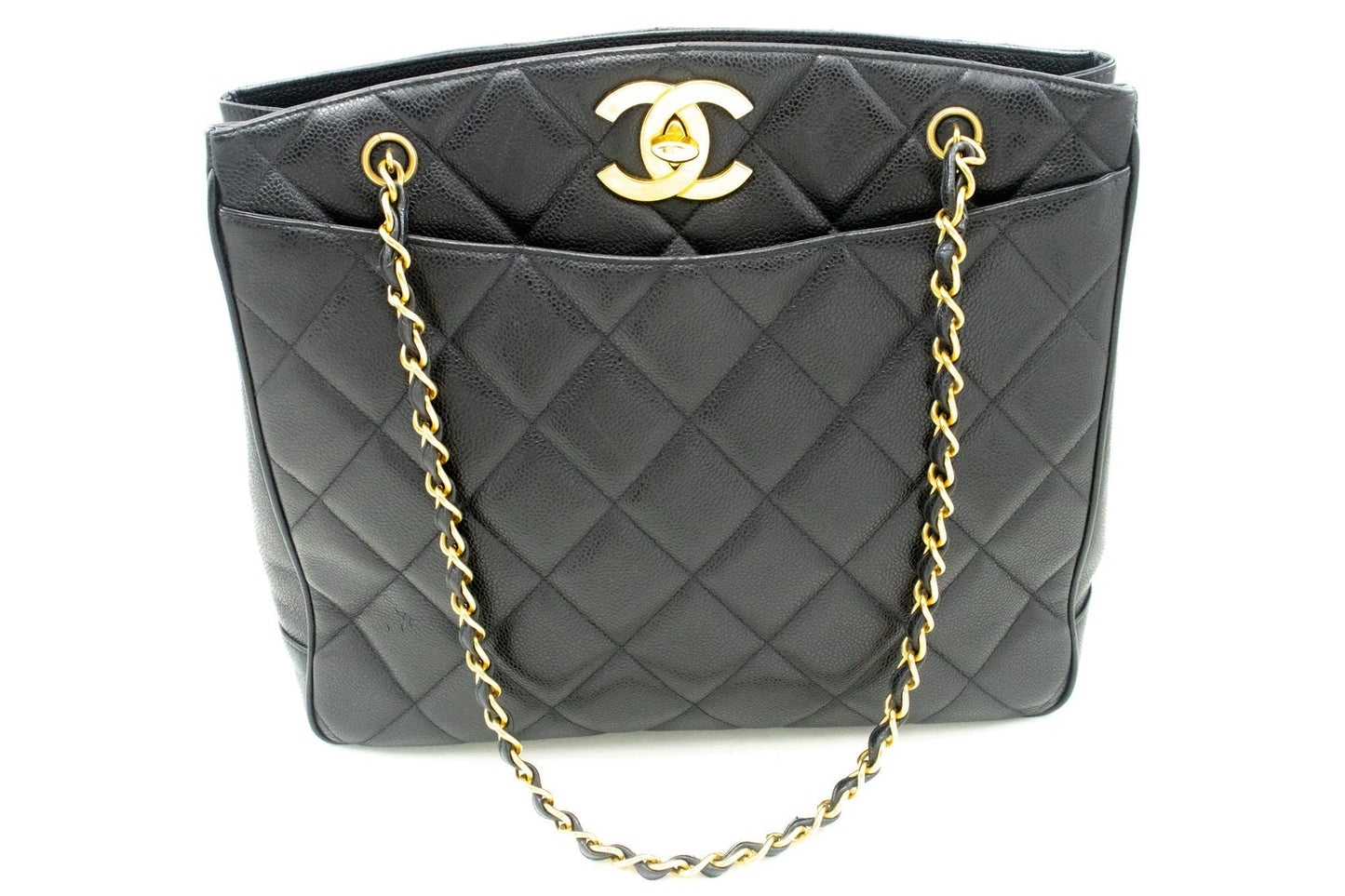 CHANEL Caviar Large Chain Shoulder Bag Black Quilted Leather
