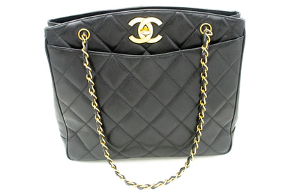 CHANEL Caviar Large Chain Shoulder Bag Black Quilted Leather