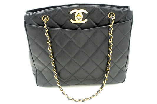 CHANEL Caviar Large Chain Shoulder Bag Black Quilted Leather