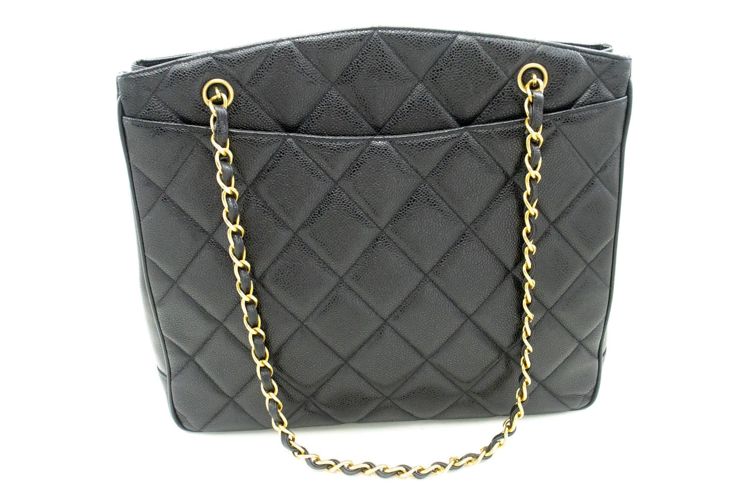 CHANEL Caviar Large Chain Shoulder Bag Black Quilted Leather