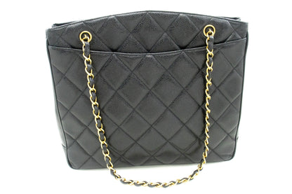 CHANEL Caviar Large Chain Shoulder Bag Black Quilted Leather