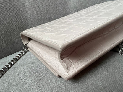 Yves Saint Laurent (YSL) Pale Pink Croc Kate Chain Wallet Silver Hardware