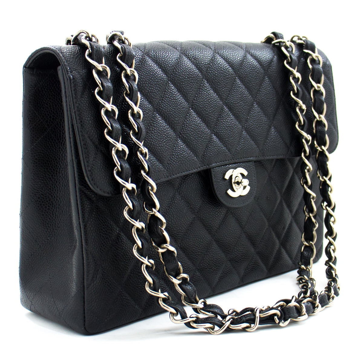 Chanel Classic Large " Chain Shoulder Bag Black Grained Calfskin