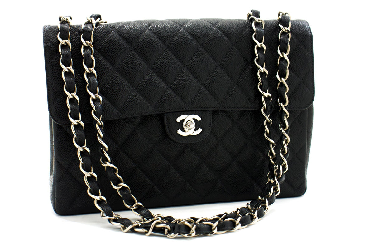 Chanel Classic Large " Chain Shoulder Bag Black Grained Calfskin