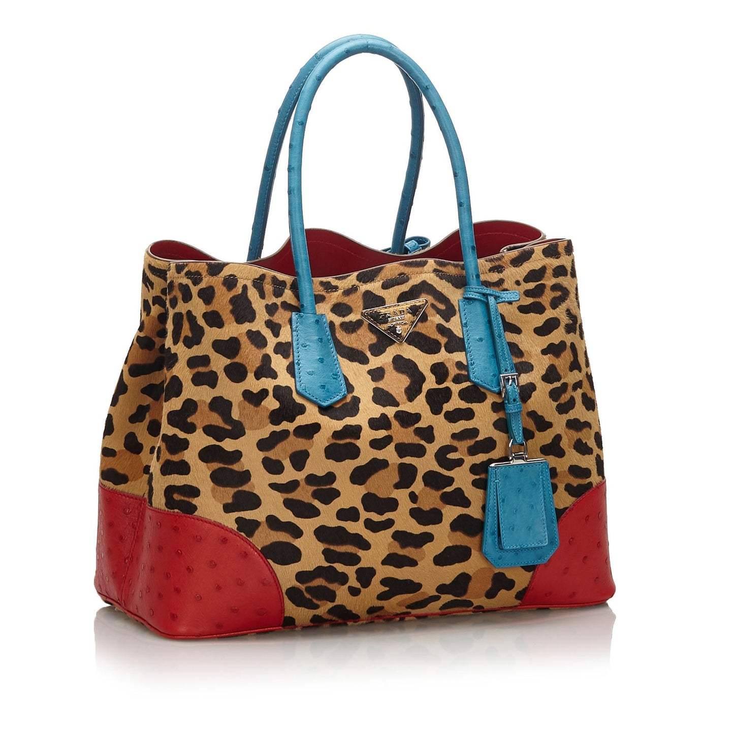 Prada Brown Leopard Print Calf Hair Ostrich Double Tote Bag Italy