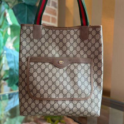 GUCCI Sherry Line Beige Brown GG Supreme Coated Canvas Vintage Web Tote Bag