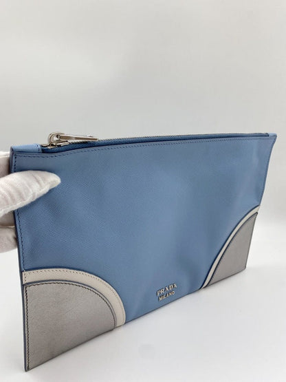 Prada Saffiano Leather Blue Clutch Bag