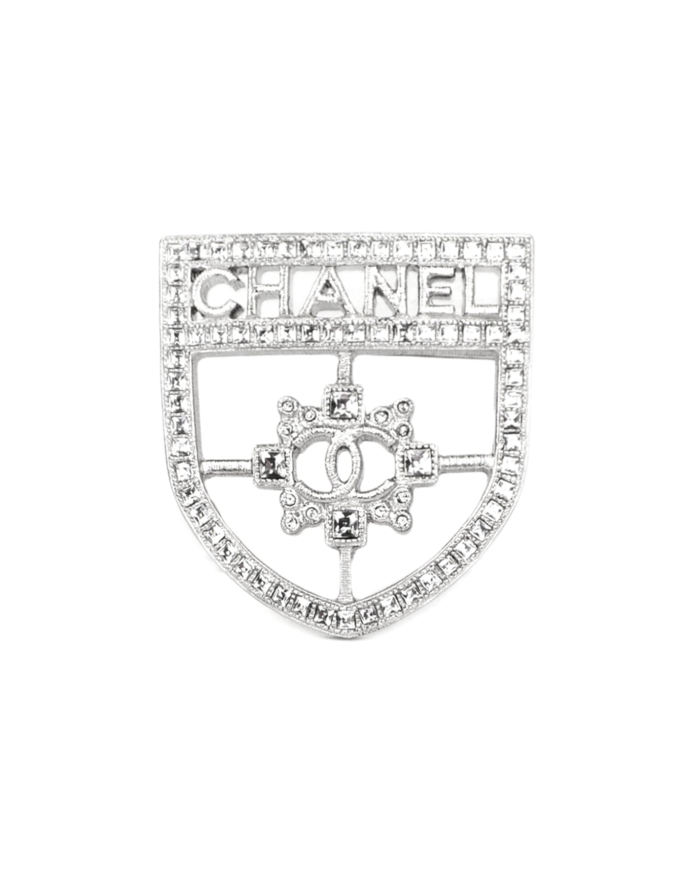 Chanel Silver Swarovski Crystal CC Shield Brooch