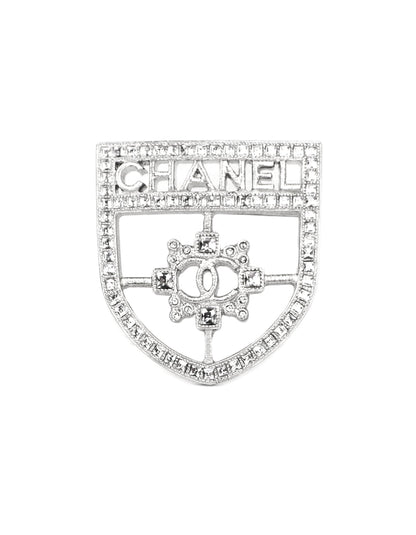 Chanel Silver Swarovski Crystal CC Shield Brooch