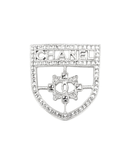 Chanel Silver Swarovski Crystal CC Shield Brooch