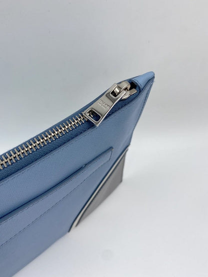 Prada Saffiano Leather Blue Clutch Bag