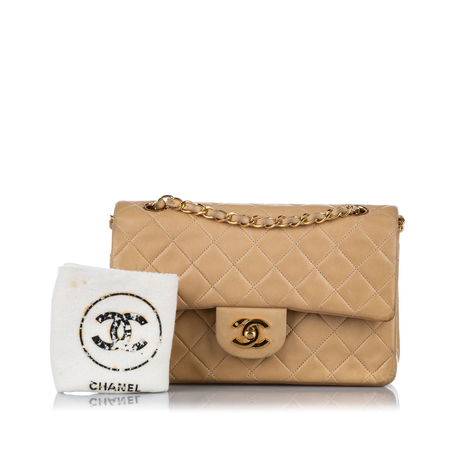 Classic Medium Double Flap in Beige with GHW