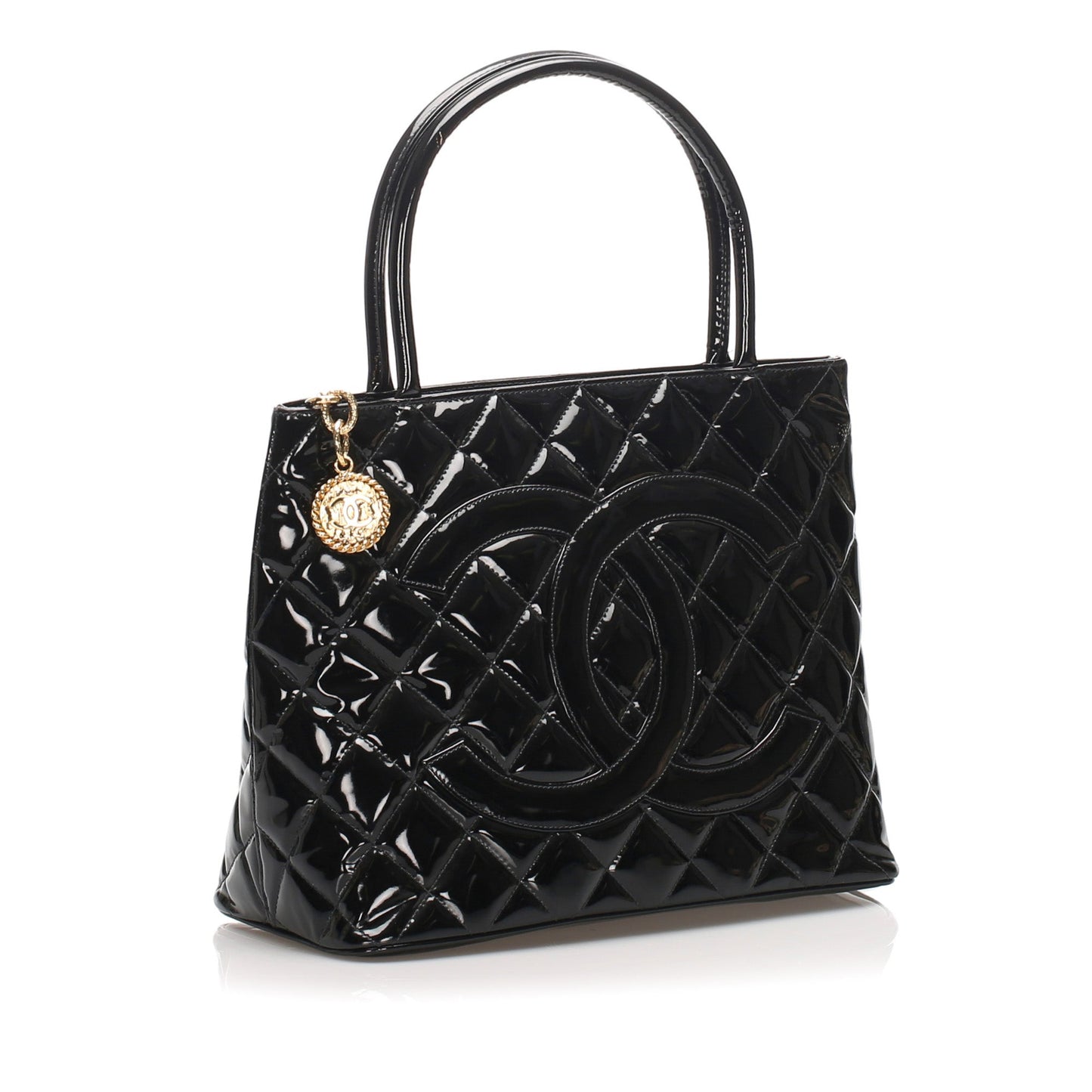Black Medallion Patent Leather Tote Bag