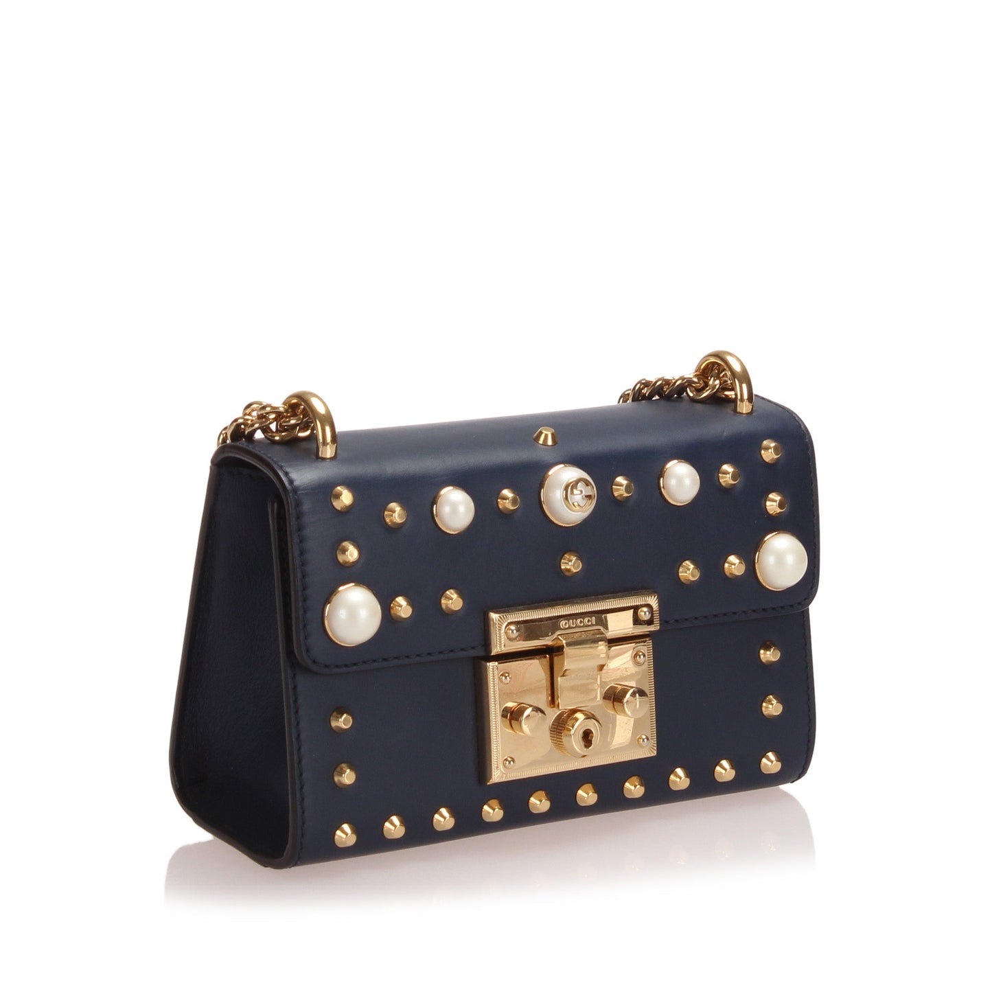 Gucci Small Studded Padlock Leather Crossbody Bag Dark Blue GHW