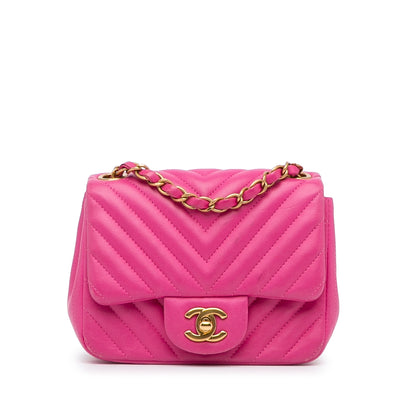 Pink Chanel Mini Square Classic Chevron Lambskin Flap Crossbody Bag
