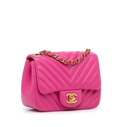 Pink Chanel Mini Square Classic Chevron Lambskin Flap Crossbody Bag