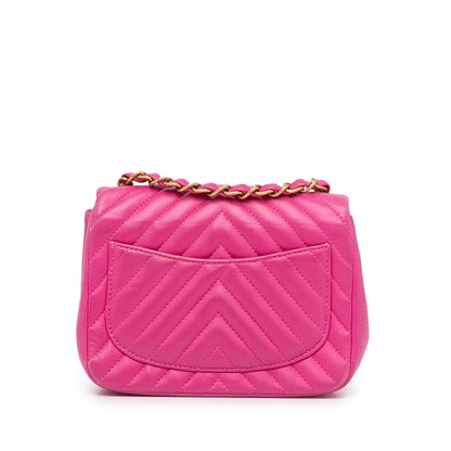Pink Chanel Mini Square Classic Chevron Lambskin Flap Crossbody Bag