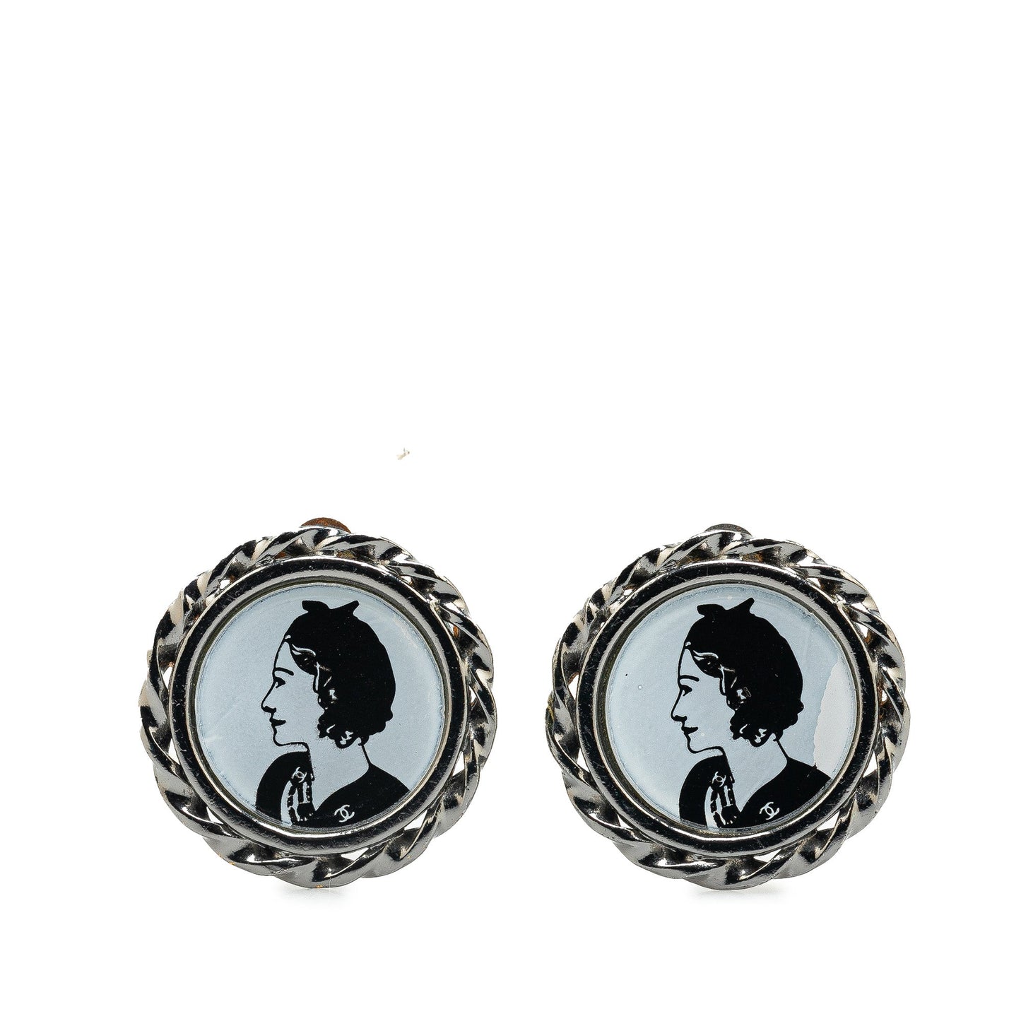 Silver Chanel Silver Plated Mademoiselle Coco Profile Clip on Earrings Costume Necklace