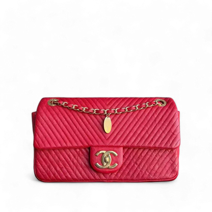 Chanel Herringbone Medallion - Chevron Seasonal Flap Red Calfskin Aged Gold Hardware Series 21