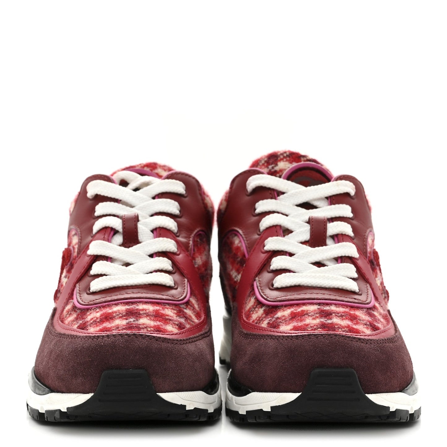 Wool Tweed Suede Calfskin Womens CC Sneakers 36 Red White Dark Brown Burgundy