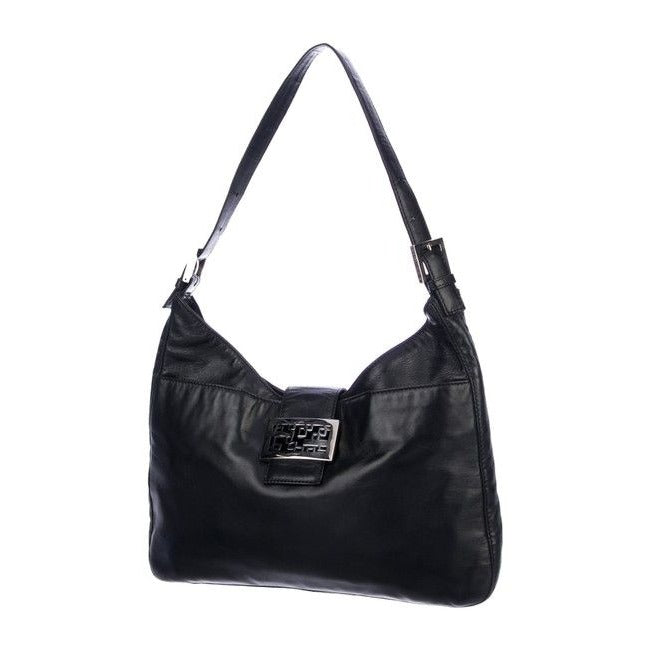 Fendi Black Leather Baguette in V Shaped Style w Enamel FF Clasp