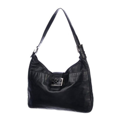 Fendi Black Leather Baguette in V Shaped Style w Enamel FF Clasp