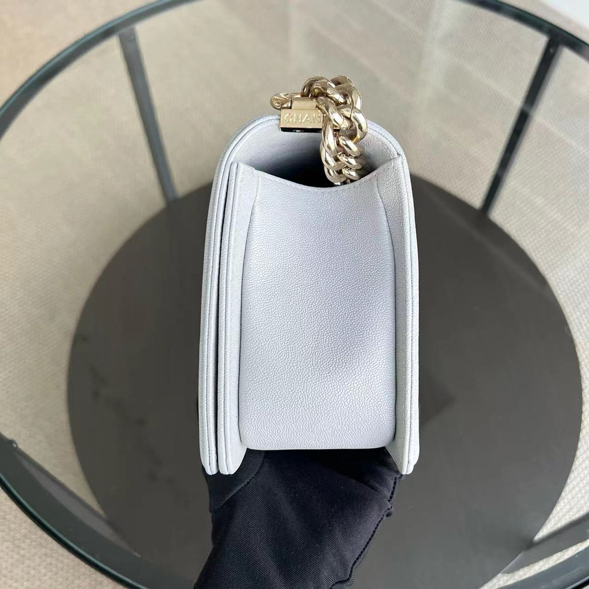Caviar Boy Old Medium 25CM Quilted Grained Calfskin Light Grey Gray Golden Hardware Series 28