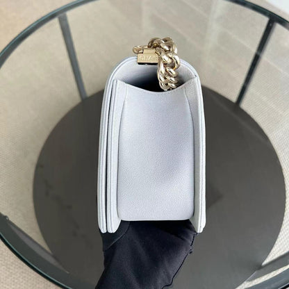 Caviar Boy Old Medium 25CM Quilted Grained Calfskin Light Grey Gray Golden Hardware Series 28