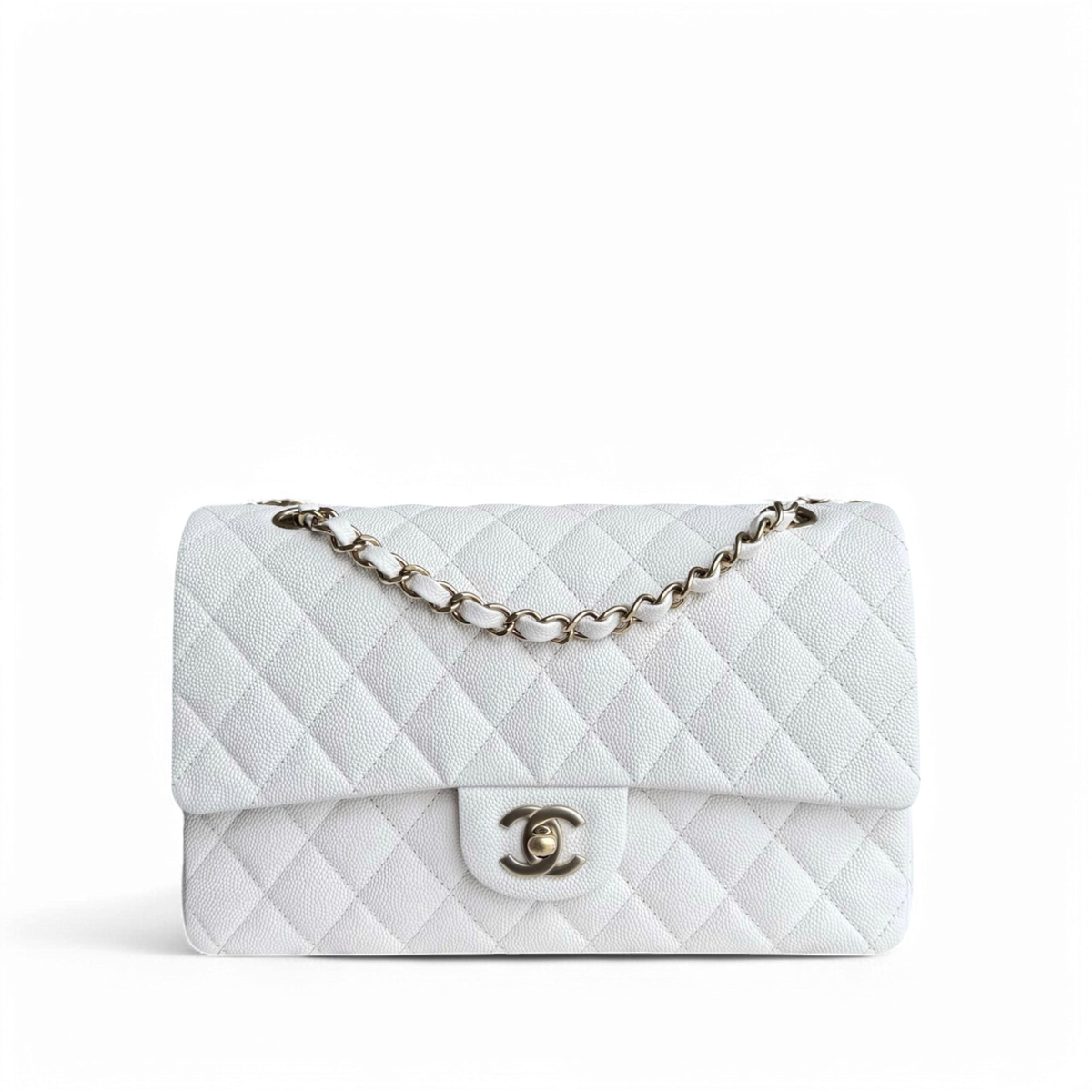 Chanel Classic Flap Medium - Caviar 25CM Quilted Snow White Gold Hardware Microchip